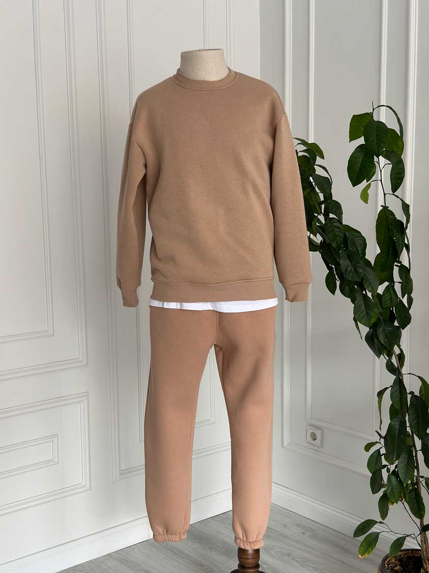 Kahverengi Bisiklet Yaka Yarım Oversize Takım