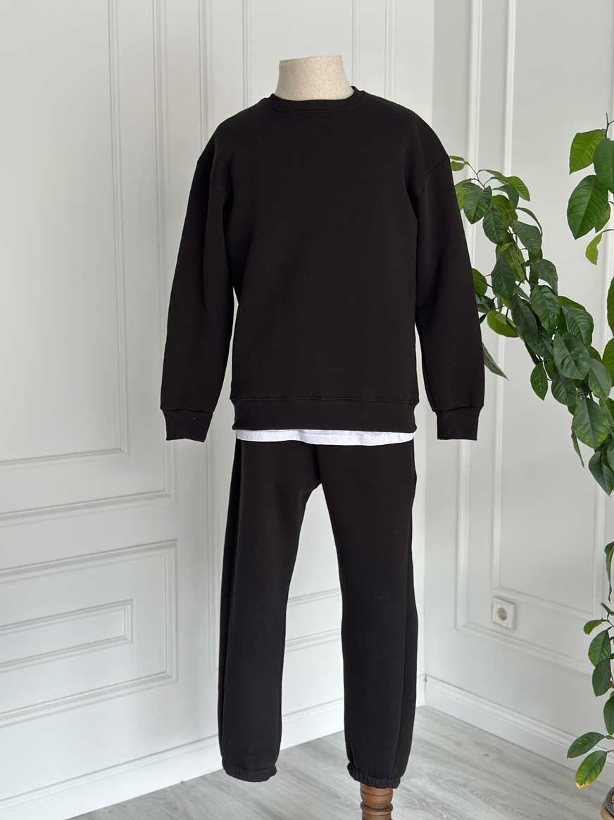 Siyah Bisiklet Yaka Yarım Oversize Takım