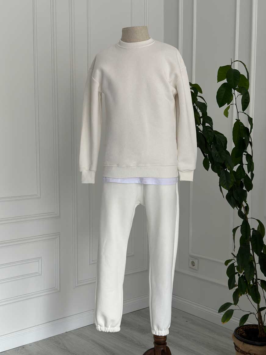 Beyaz Bisiklet Yaka Yarım Oversize Takım