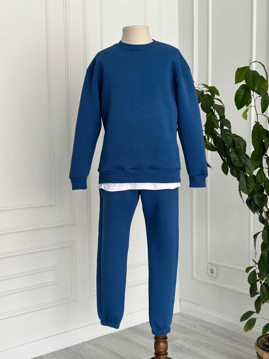 Saks Mavi Bisiklet Yaka Yarım Oversize Takım