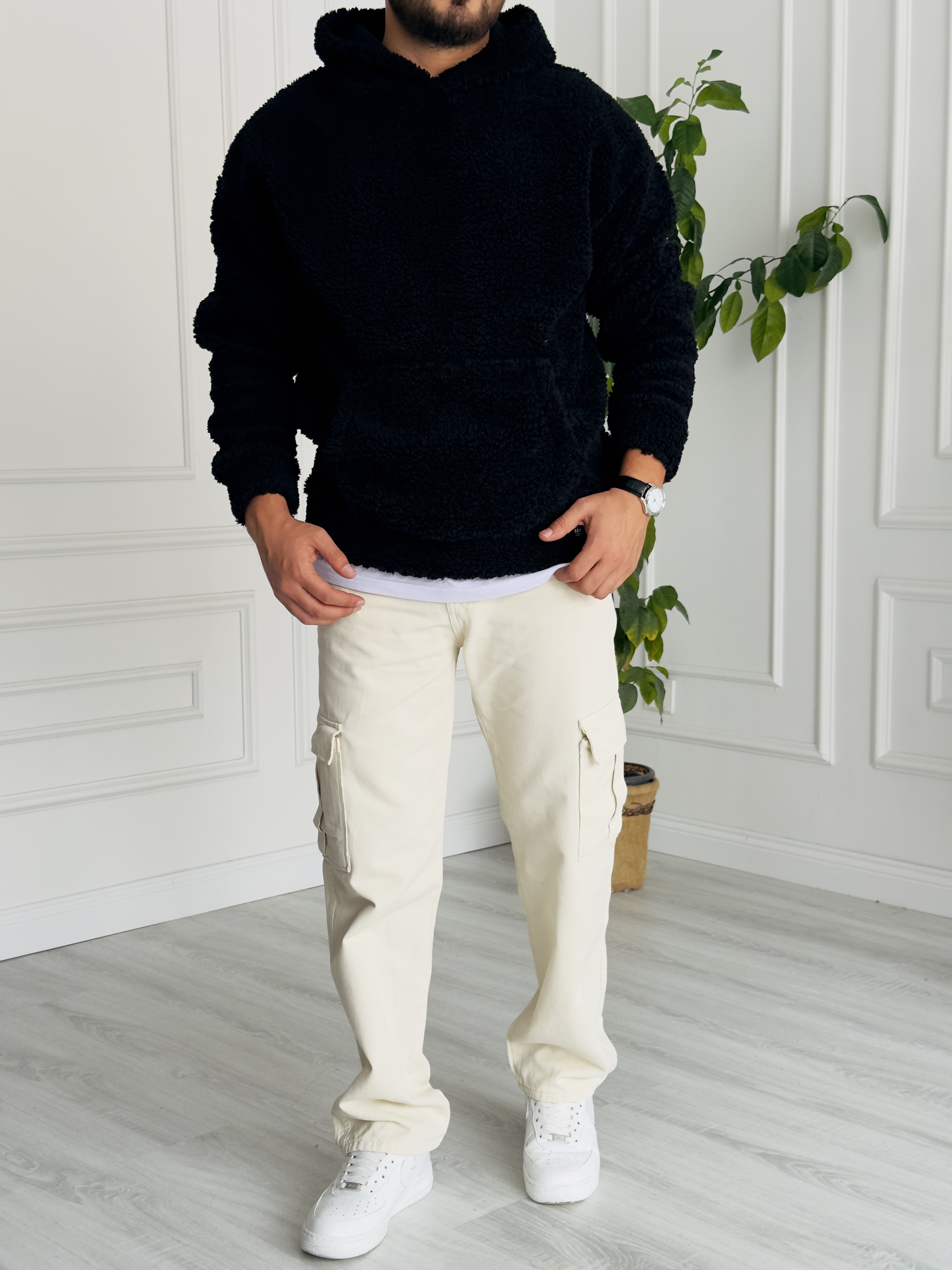 Siyah Kapüşonlu Peluş Sweat