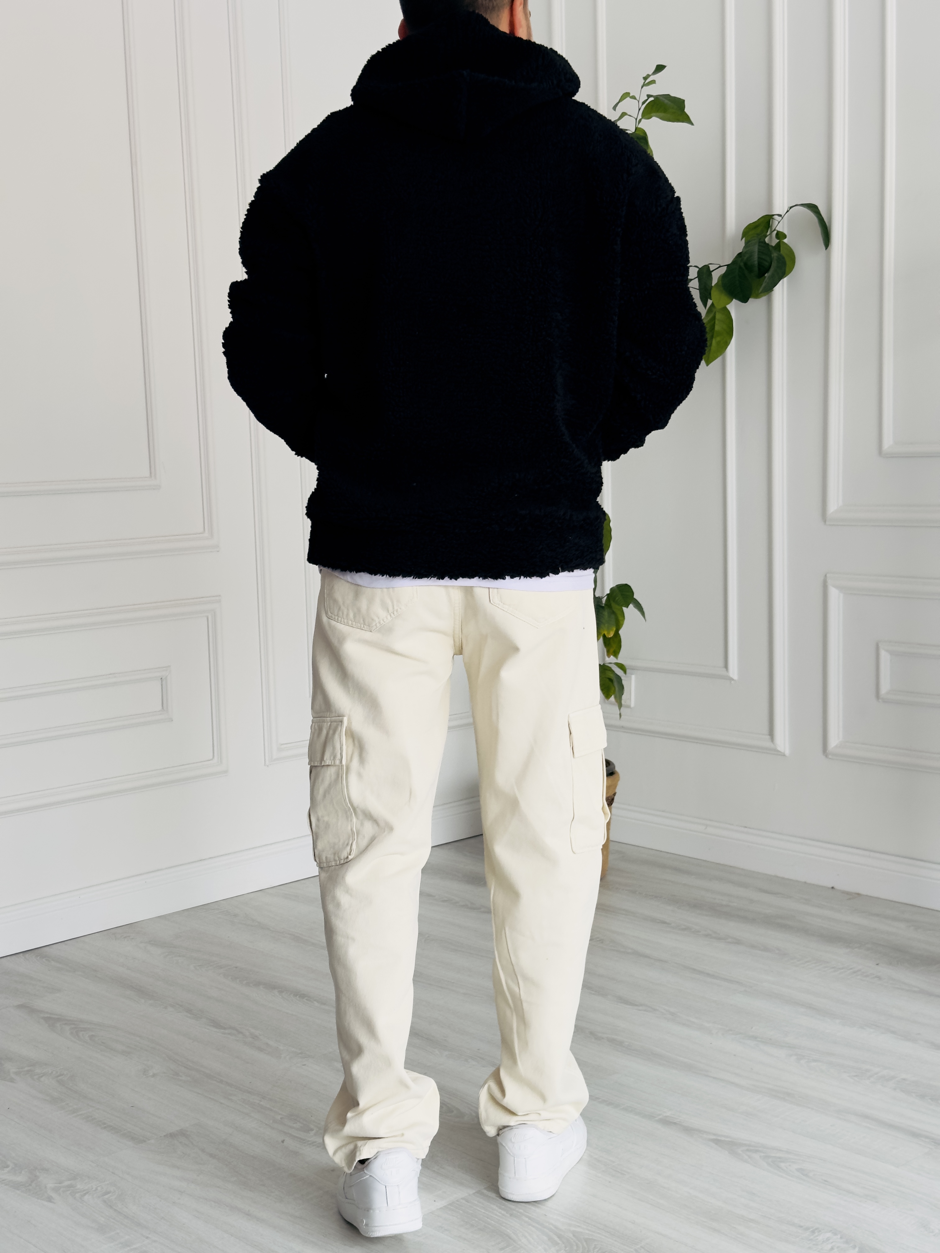 Siyah Kapüşonlu Peluş Sweat