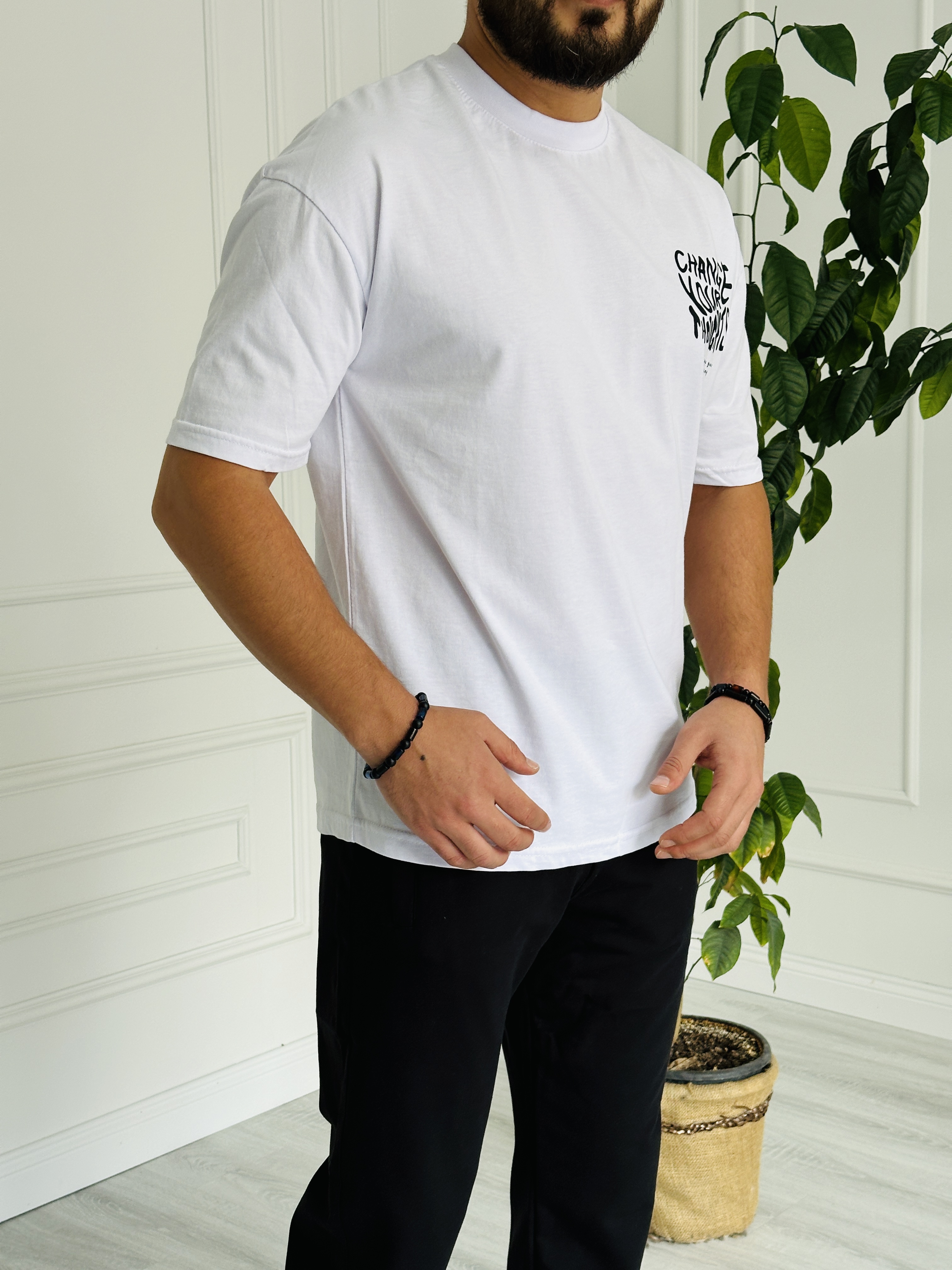 Oversize Baskılı Basic Tişört Beyaz
