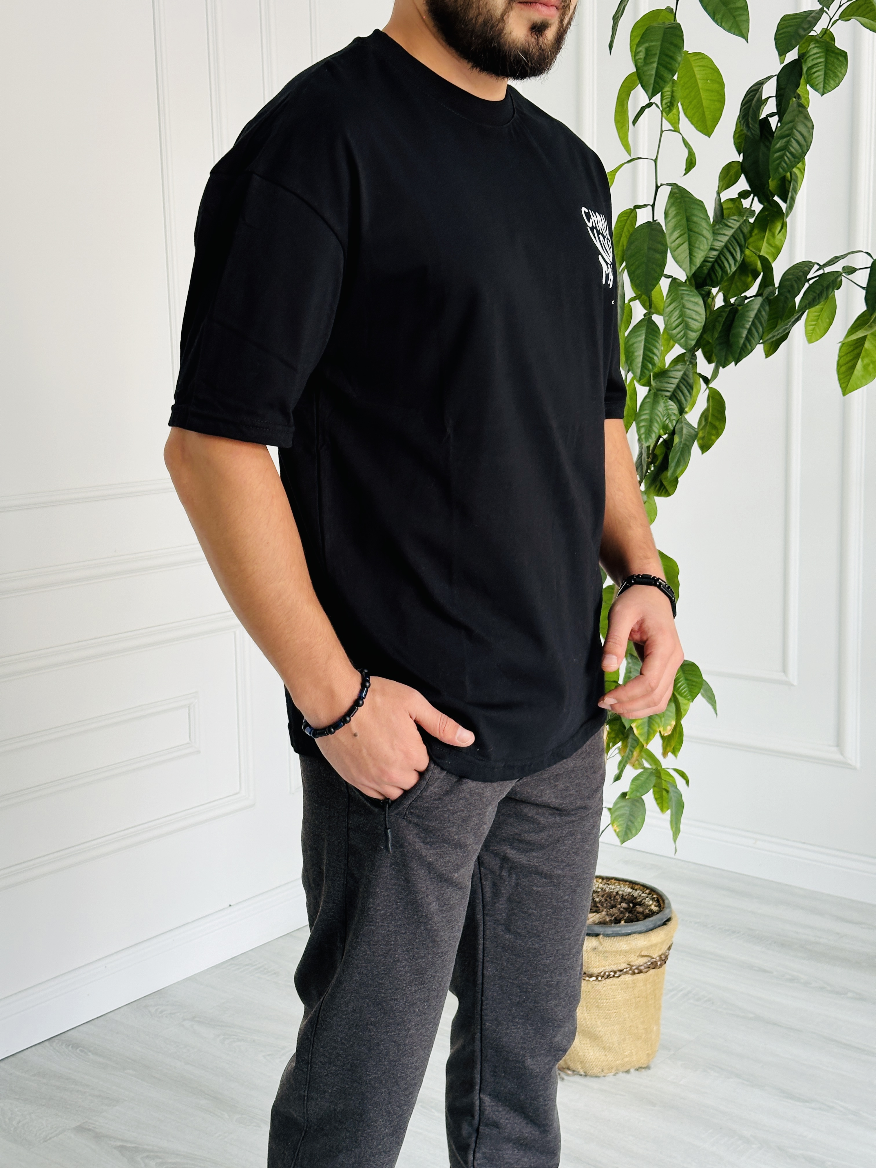 Oversize Baskılı Basic Tişört Siyah