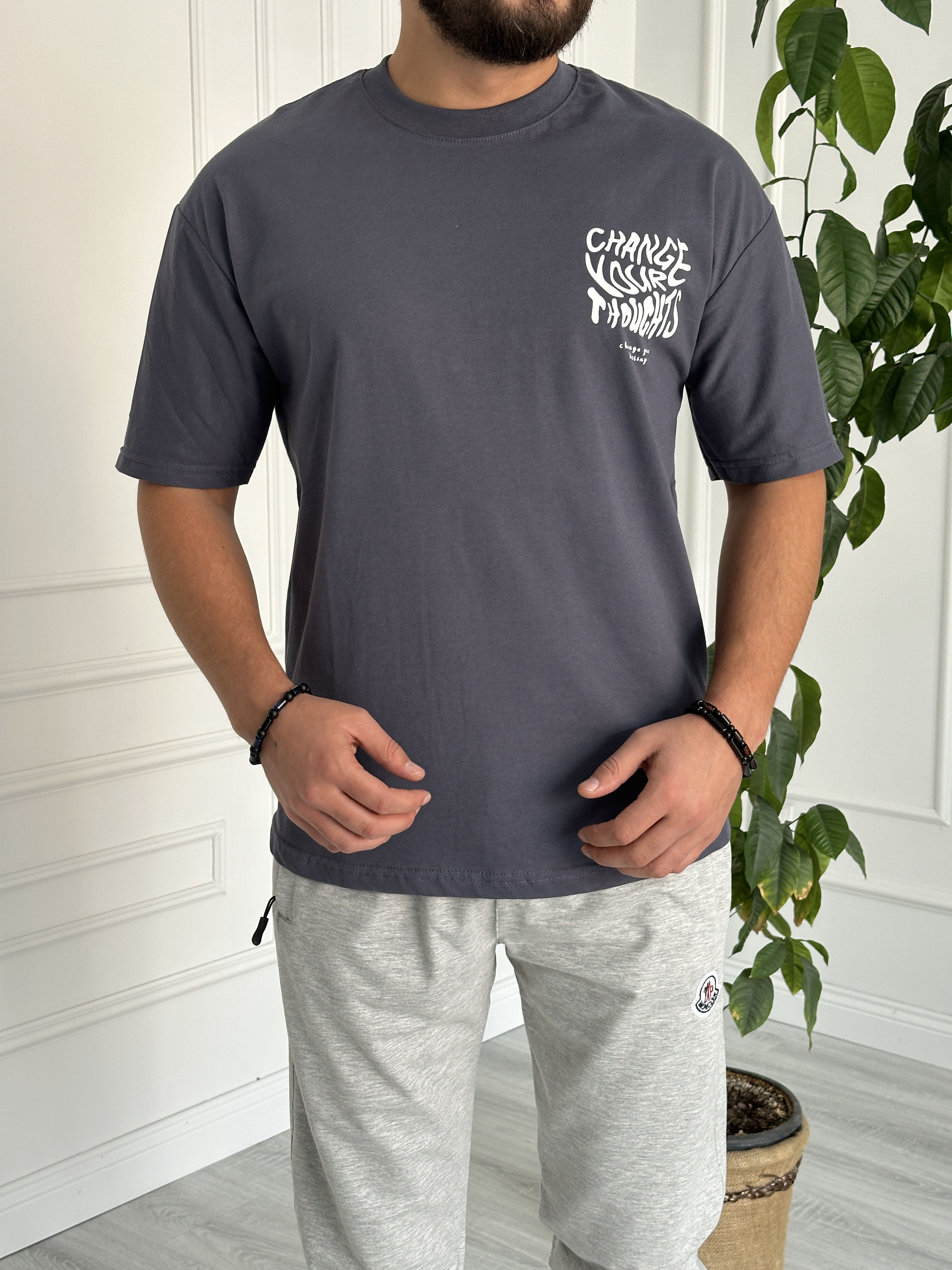 Oversize Baskılı Basic Tişört Füme