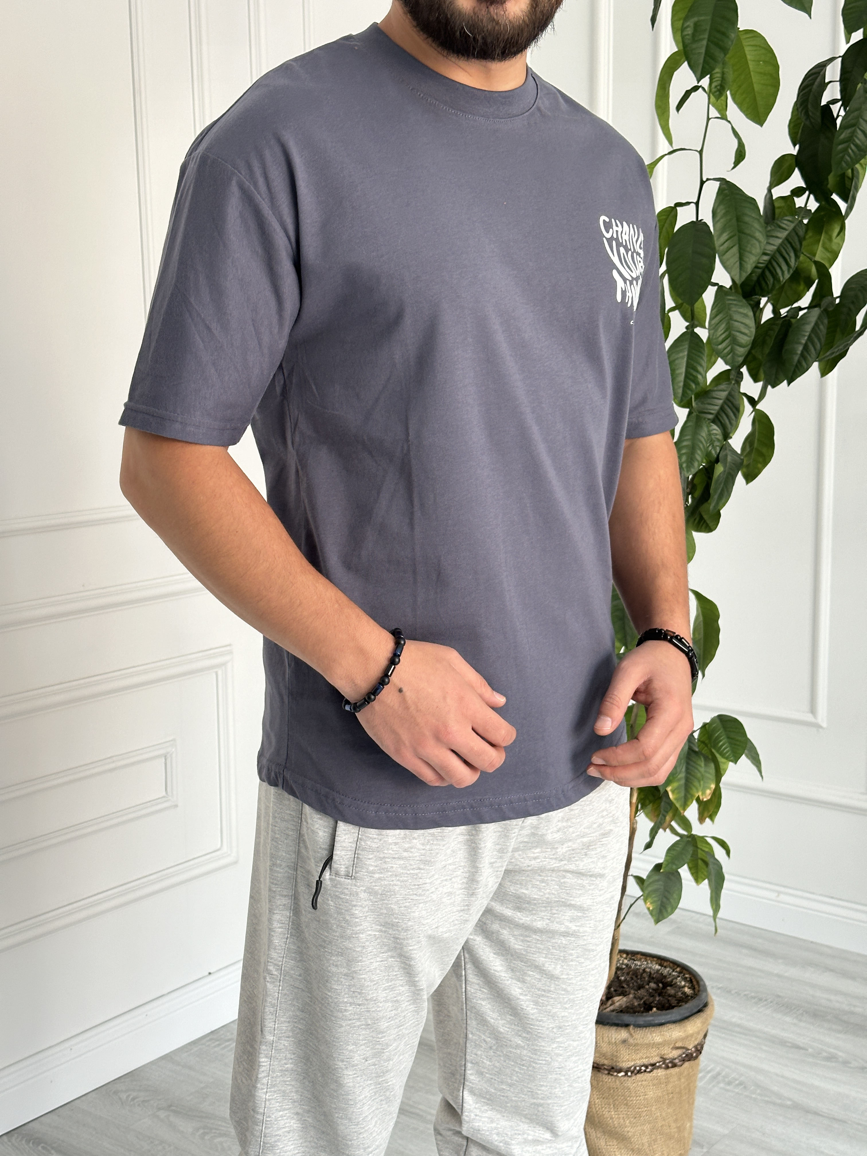 Oversize Baskılı Basic Tişört Füme