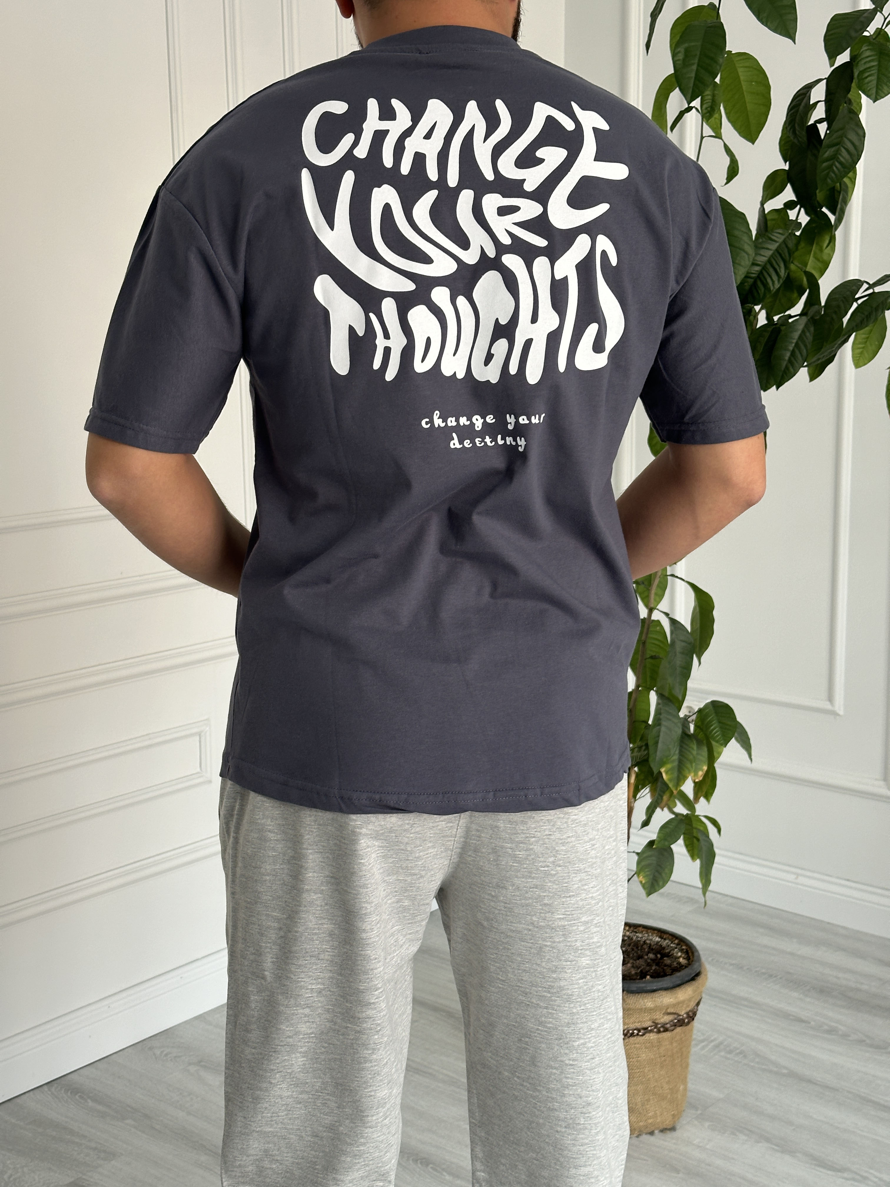 Oversize Baskılı Basic Tişört Füme