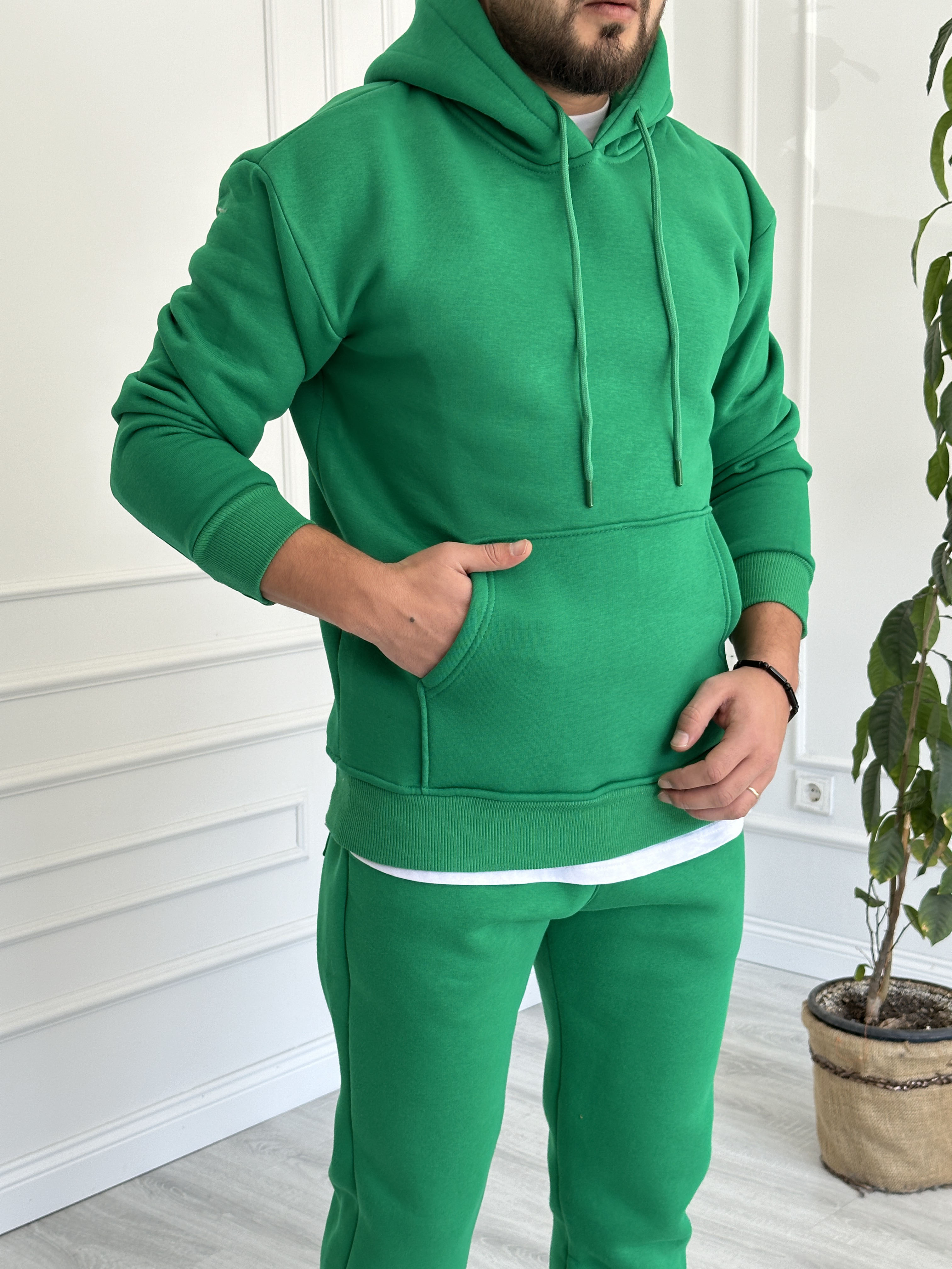 Yeşil Bisiklet Yaka Kapüşonlu Yarım Oversize Sweat