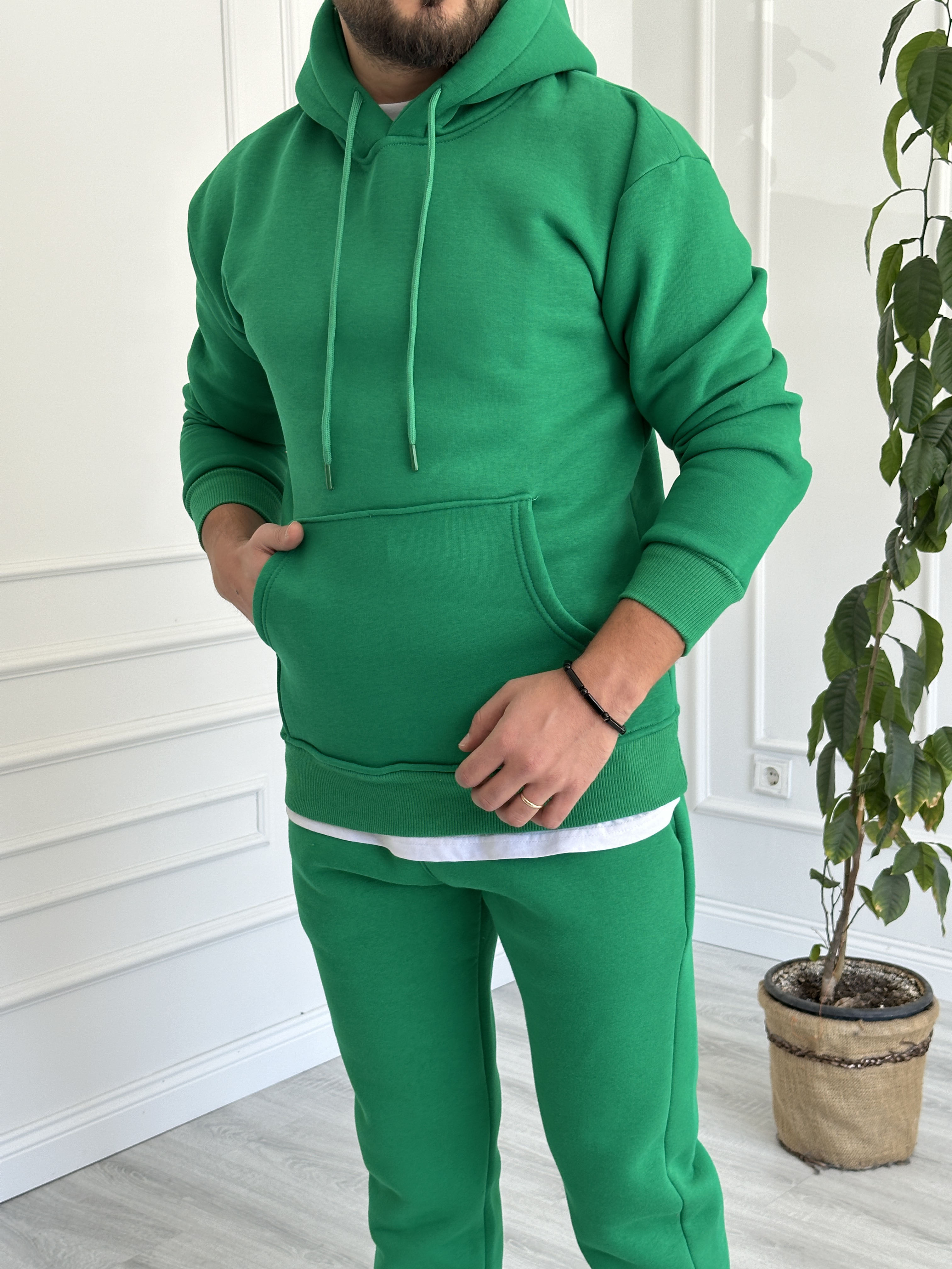 Yeşil Bisiklet Yaka Kapüşonlu Yarım Oversize Sweat