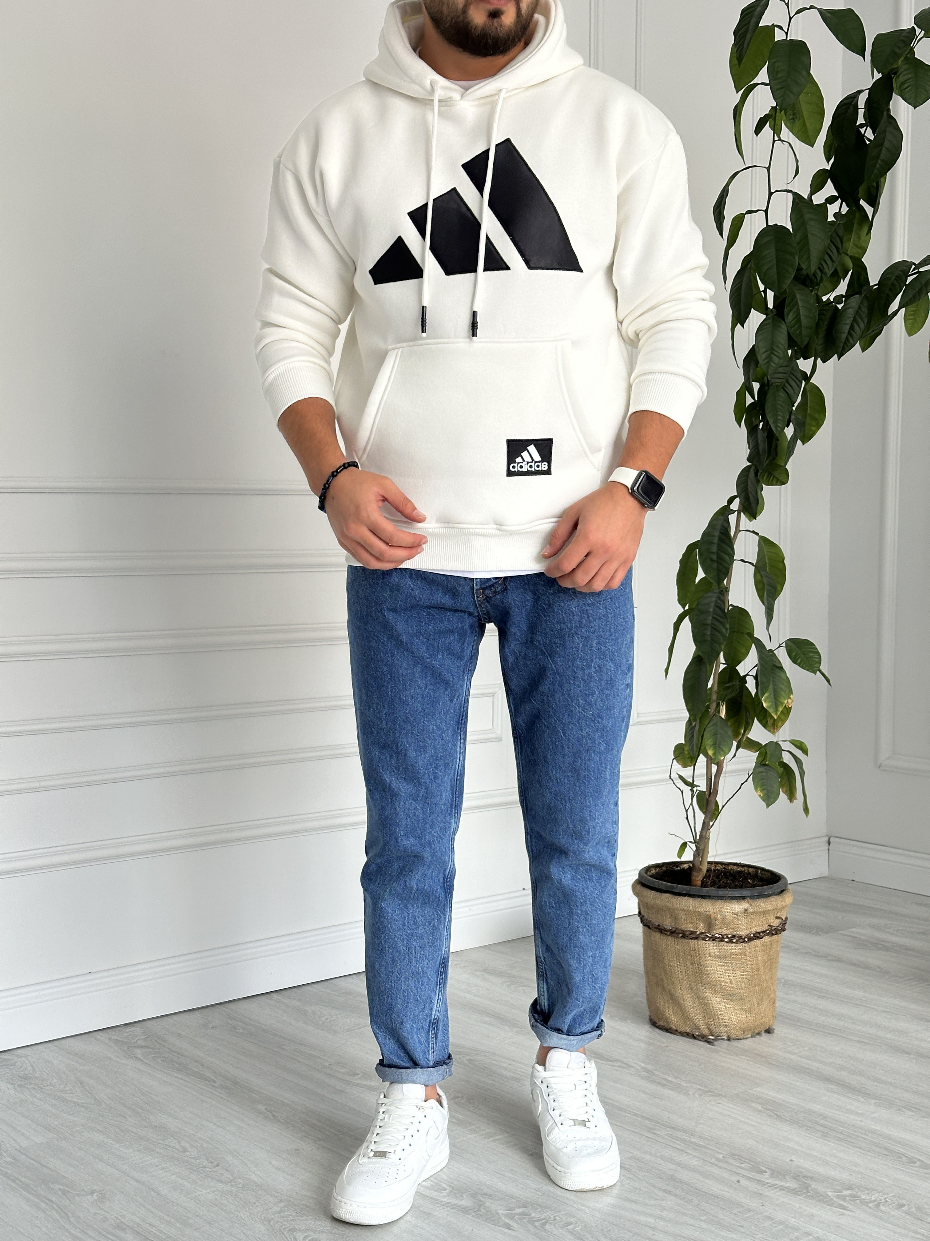 Baskılı Kapüşanlu Sweat Beyaz