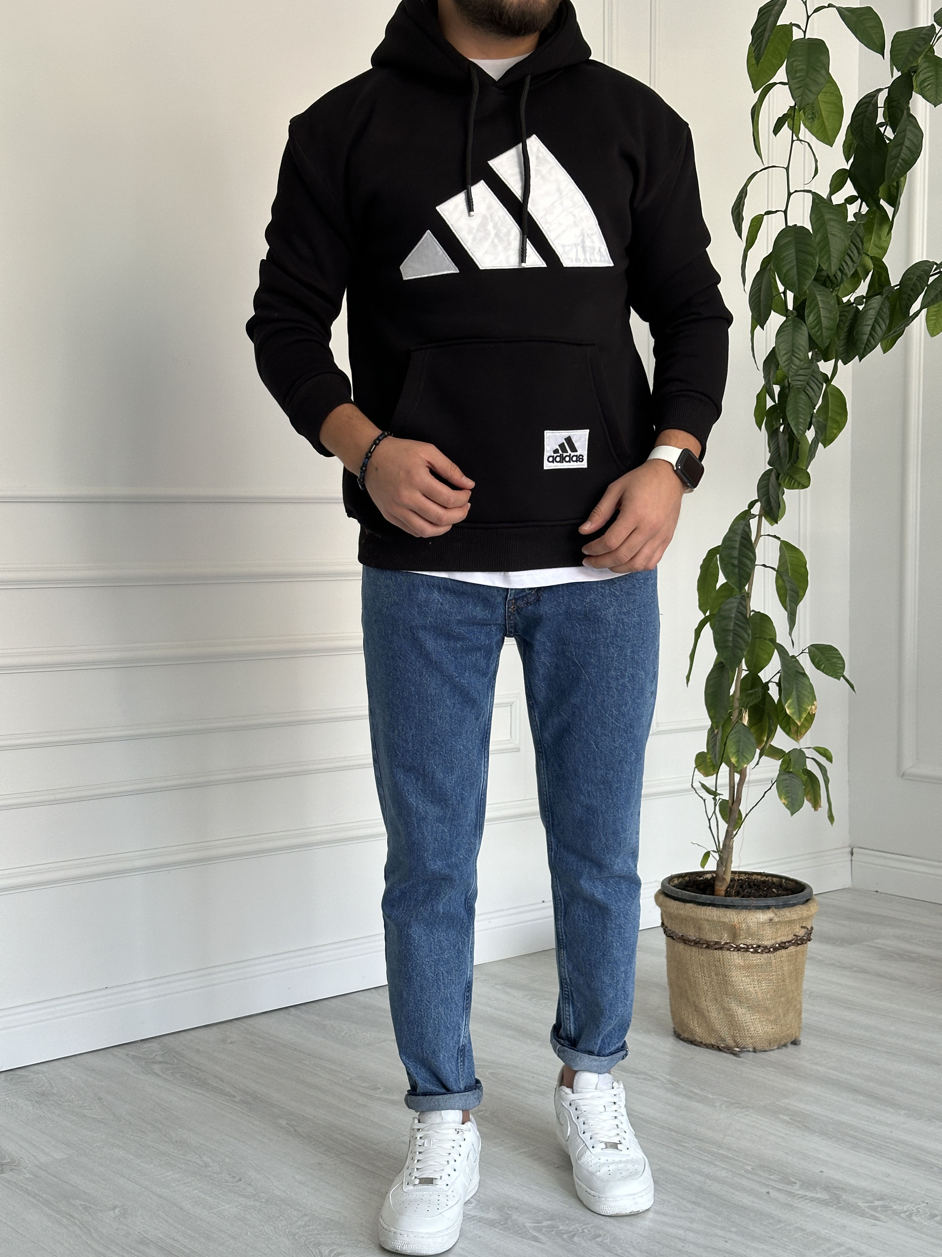 Baskılı Kapüşanlu Sweat Siyah