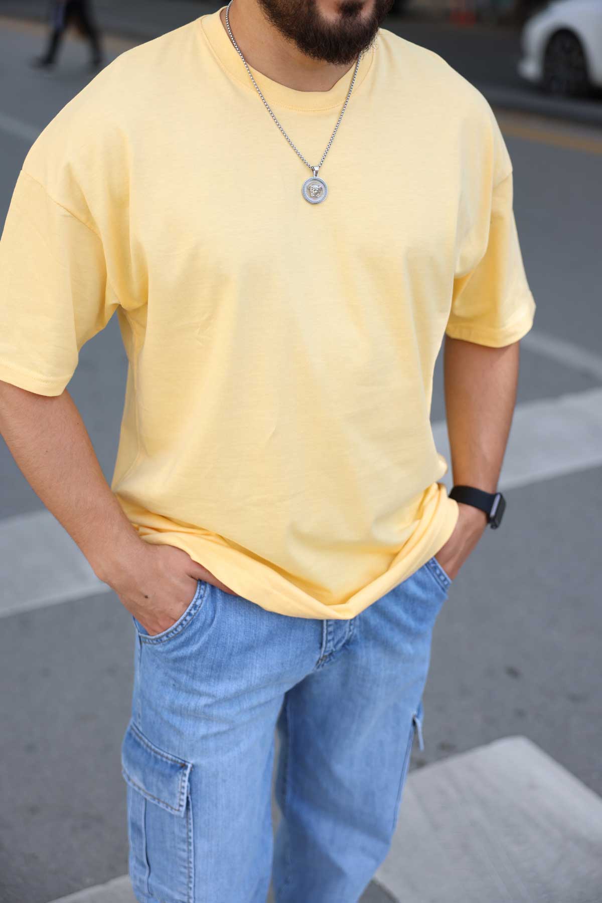 Sarı Bisiklet Yaka Basic Oversize Tişört