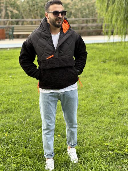 Paraşüt Kumaş Kapüşonlu Siyah Peluş Mont