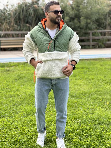 Paraşüt Kumaş Kapüşonlu Yeşil Peluş Mont