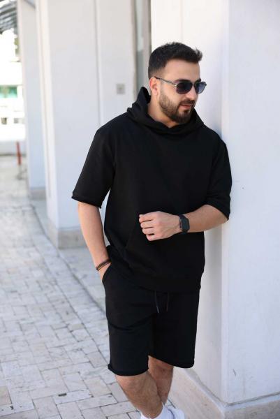 Siyah Kapüşonlu Şort Takım