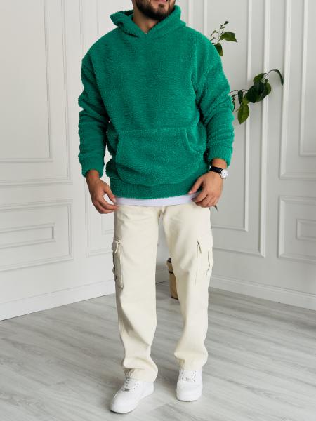 Yeşil Kapüşonlu Peluş Sweat