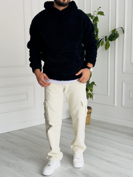 Siyah Kapüşonlu Peluş Sweat
