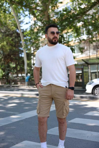 Beyaz Bisiklet Yaka Kalın Fitilli Koton Tişört