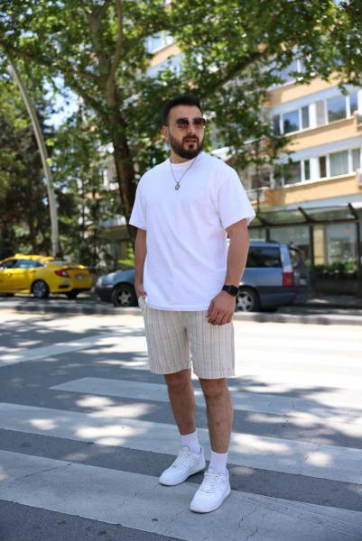 Krem Keten Çizgili Şort