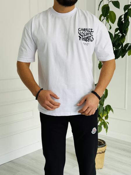 Oversize Baskılı Basic Tişört Beyaz