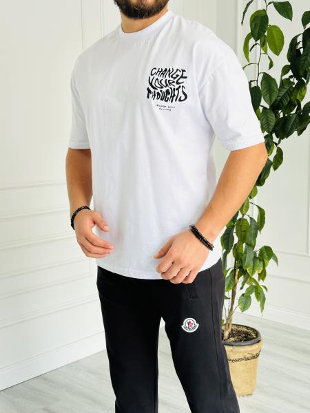 Oversize Baskılı Basic Tişört Beyaz
