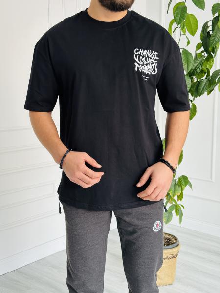 Oversize Baskılı Basic Tişört Siyah