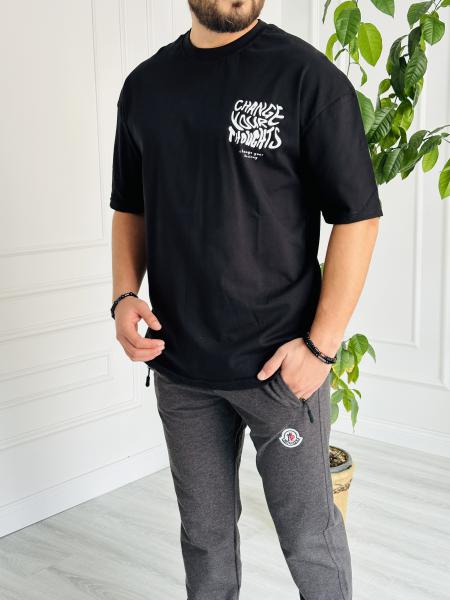 Oversize Baskılı Basic Tişört Siyah