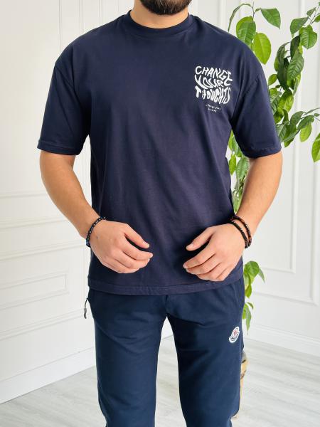 Oversize Baskılı Basic Tişört Lacivert