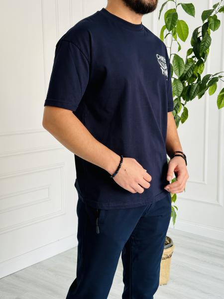 Oversize Baskılı Basic Tişört Lacivert