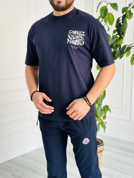 Oversize Baskılı Basic Tişört Lacivert