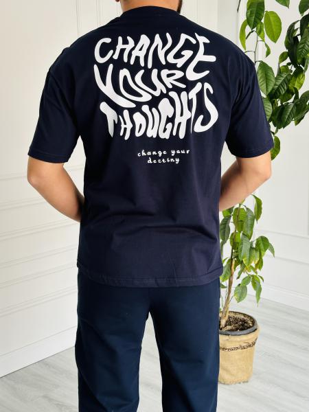 Oversize Baskılı Basic Tişört Lacivert