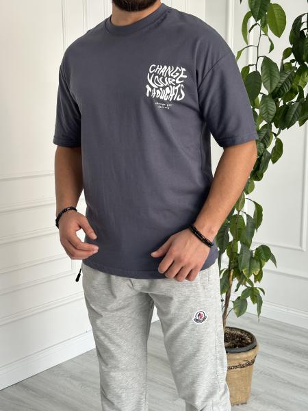 Oversize Baskılı Basic Tişört Füme