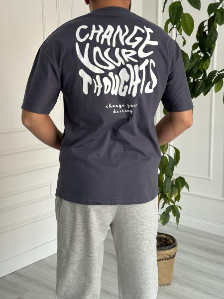 Oversize Baskılı Basic Tişört Füme
