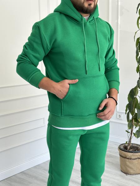 Yeşil Bisiklet Yaka Kapüşonlu Yarım Oversize Sweat