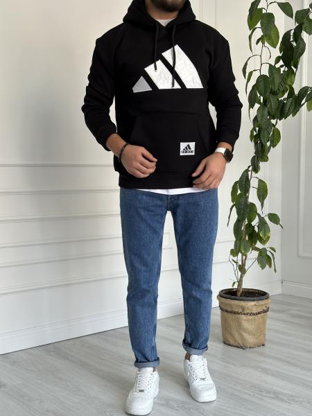 Baskılı Kapüşanlu Sweat Siyah