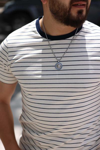 Beyaz Bisiklet Yaka Siyah Çizgili Slimfit Tişört