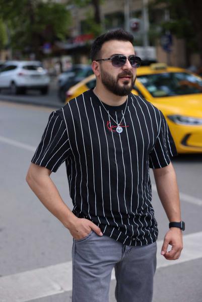 Siyah Bisiklet Yaka Oversize Çizgili Tişört